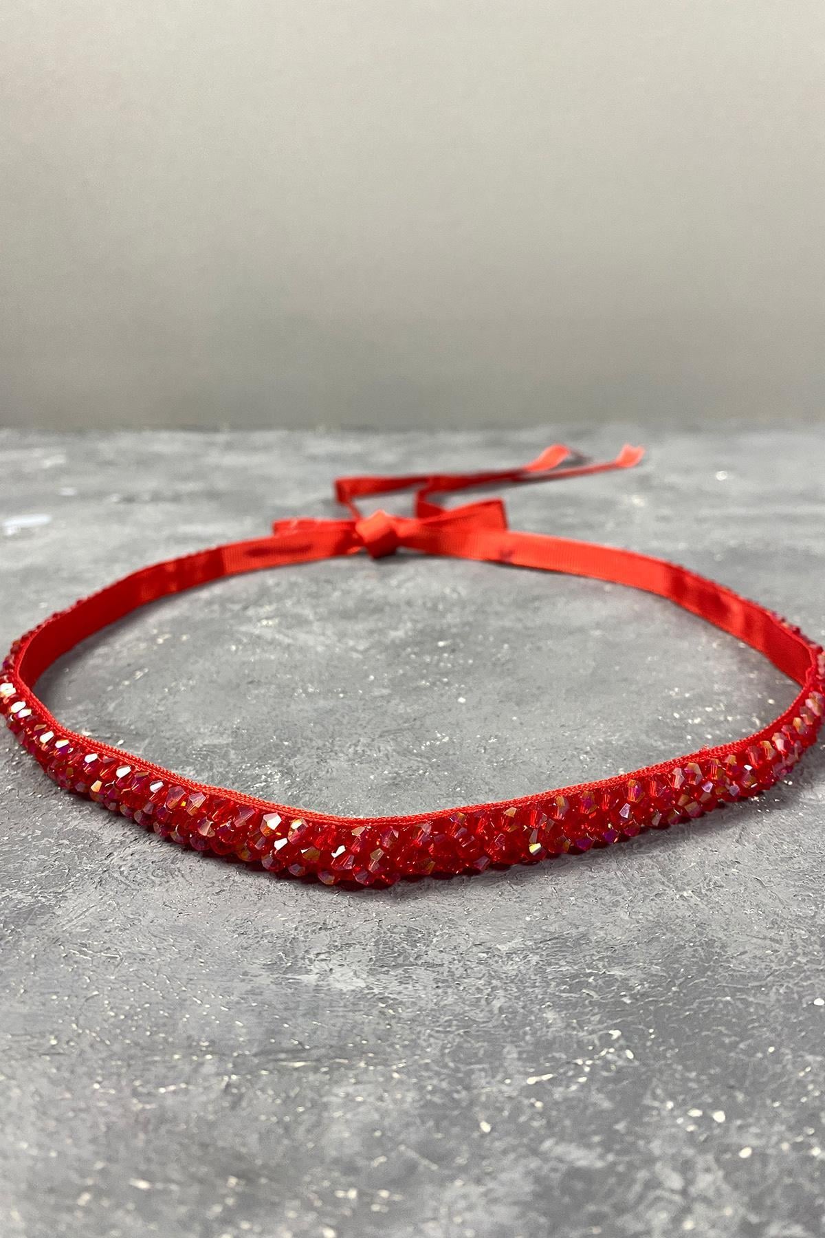 Kırmızı Kristal Boncuklu Abiye Elbise Kemer Aksesuarı