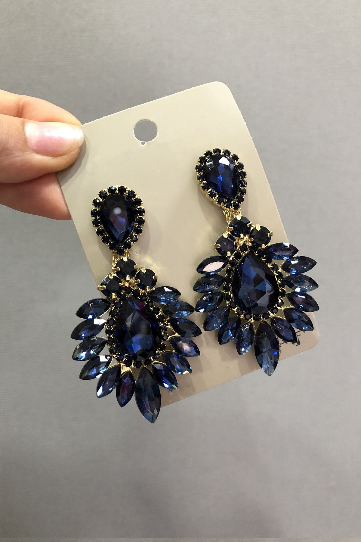 Lacivert Kristal Cam Oval Taşlı Sarı Küpe