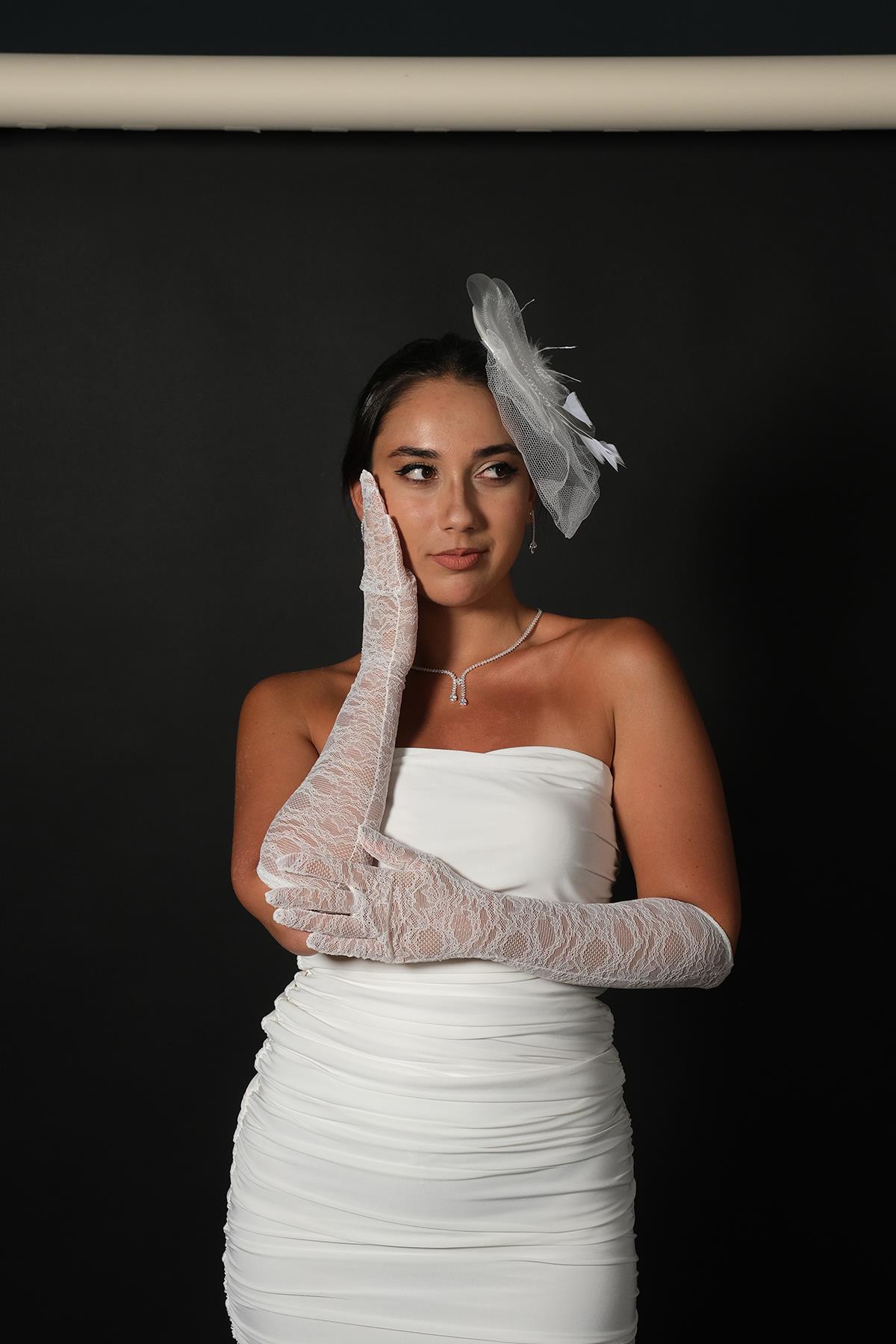 Likralı Dantel Uzun Gelin Eldiveni Ve Düz Vualet Nikah Şapkası