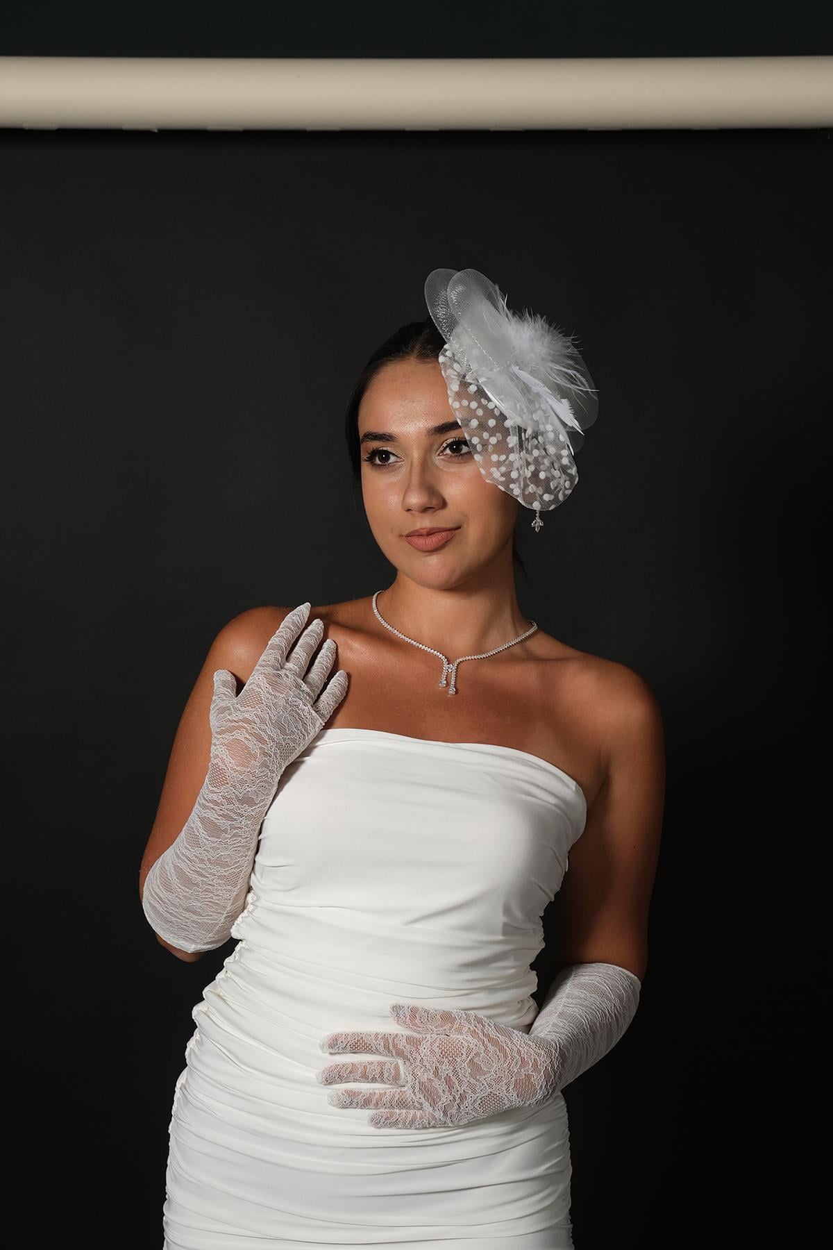 Likralı Dantel Uzun Gelin Eldiveni Ve Vualet Nikah Şapkası
