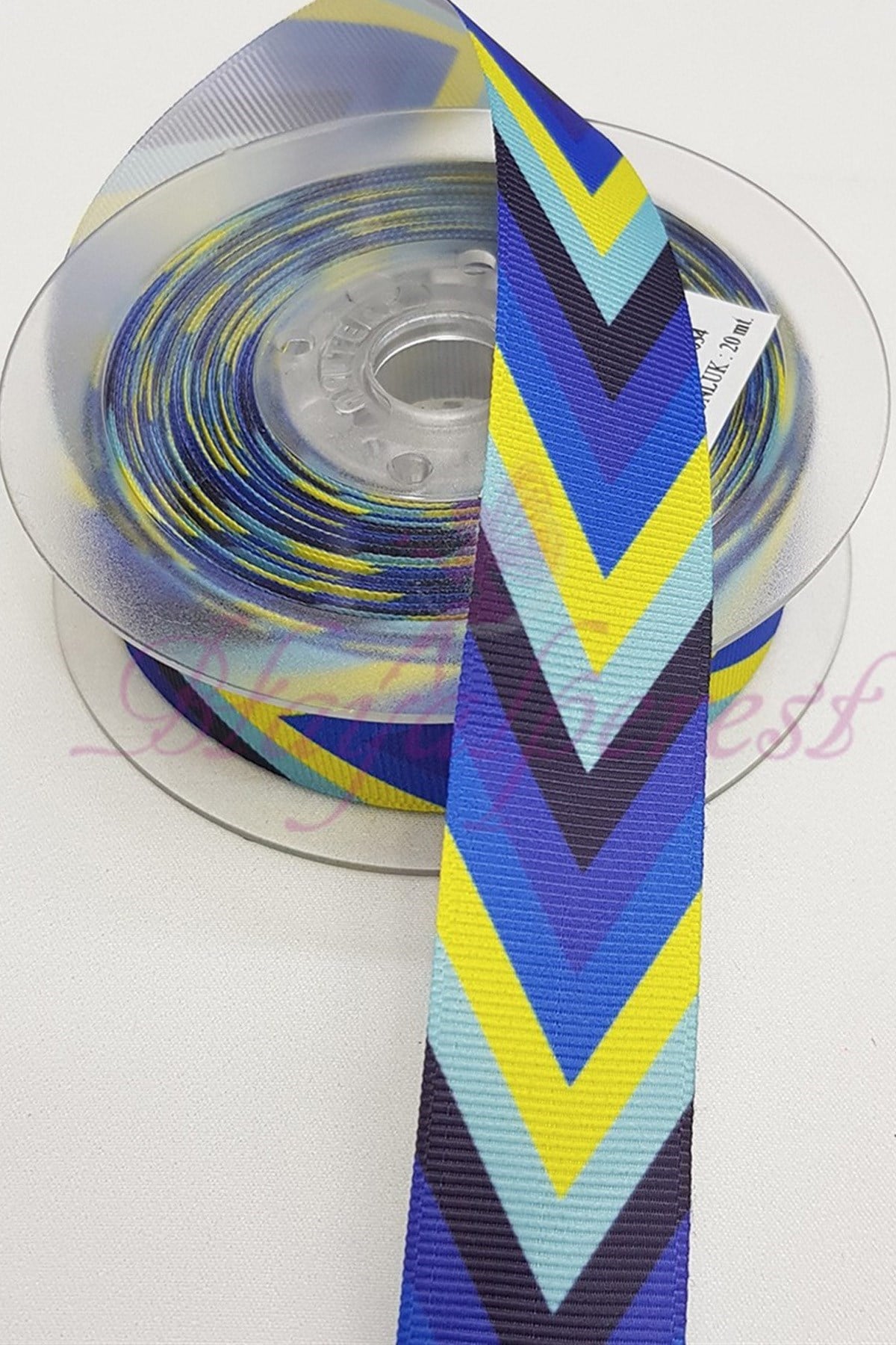 Mavi Çizgili Baskılı Grogren Kurdele 2,5Cm