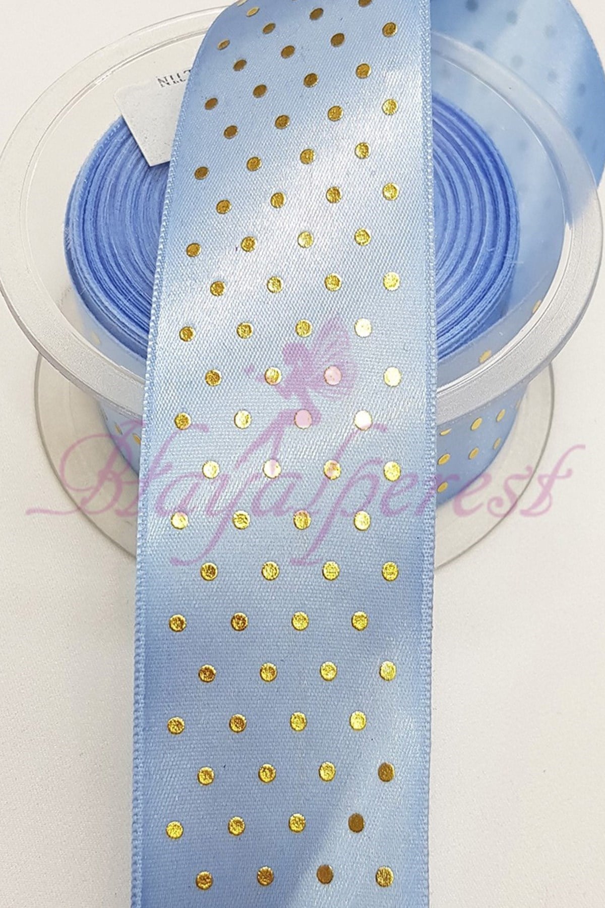 Mavi Gold Puantiyeli Saten Kurdele 4Cm