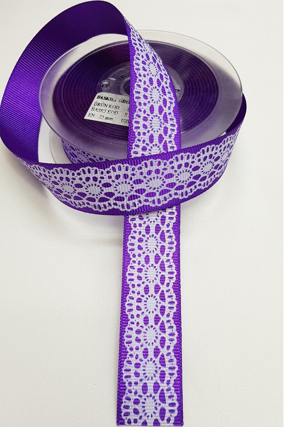 Mor Dantel Desen Baskılı Grogren Kurdele 2,5Cm