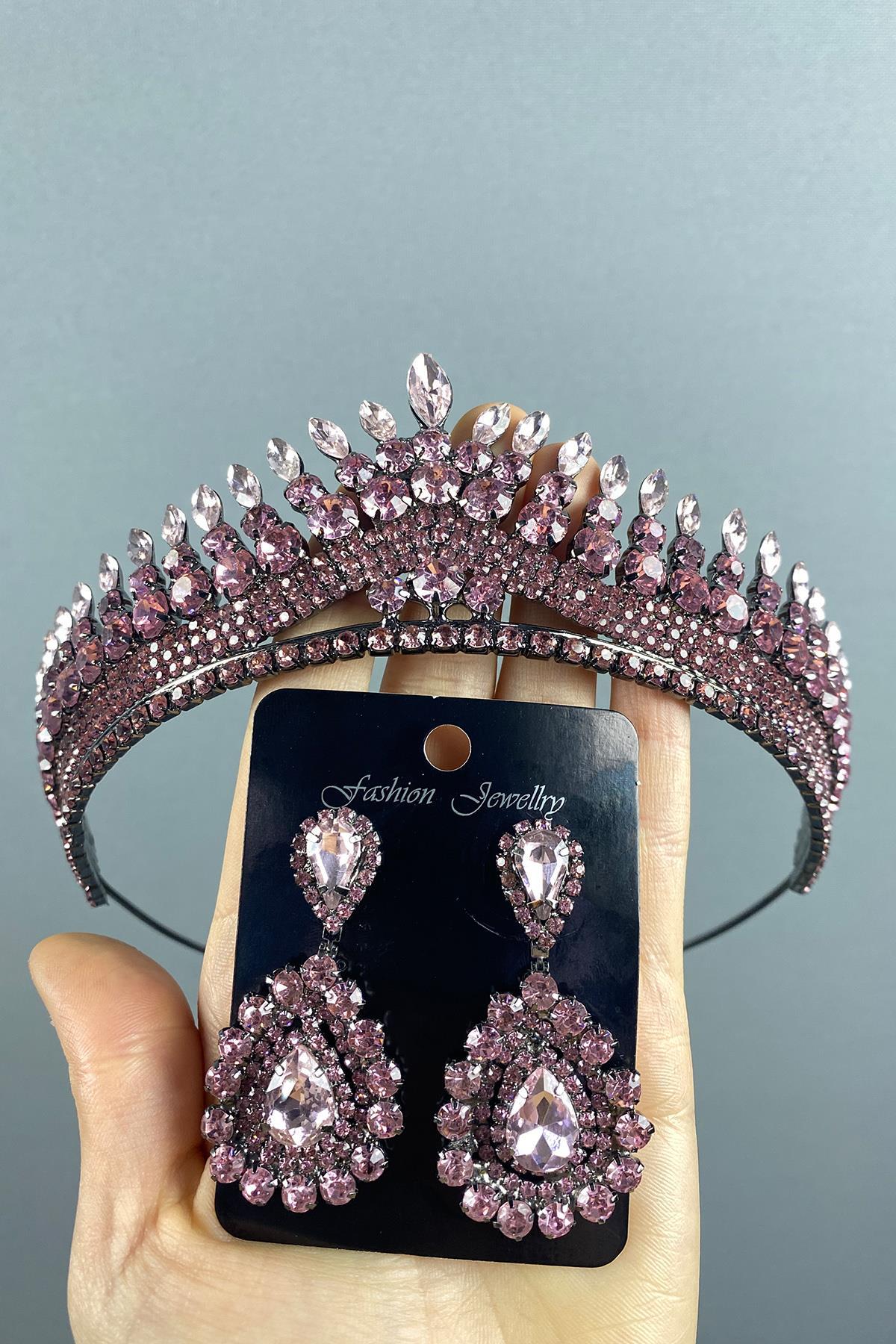 Pembe Anteras Gelin Kına Tacı Ve Küpe Seti