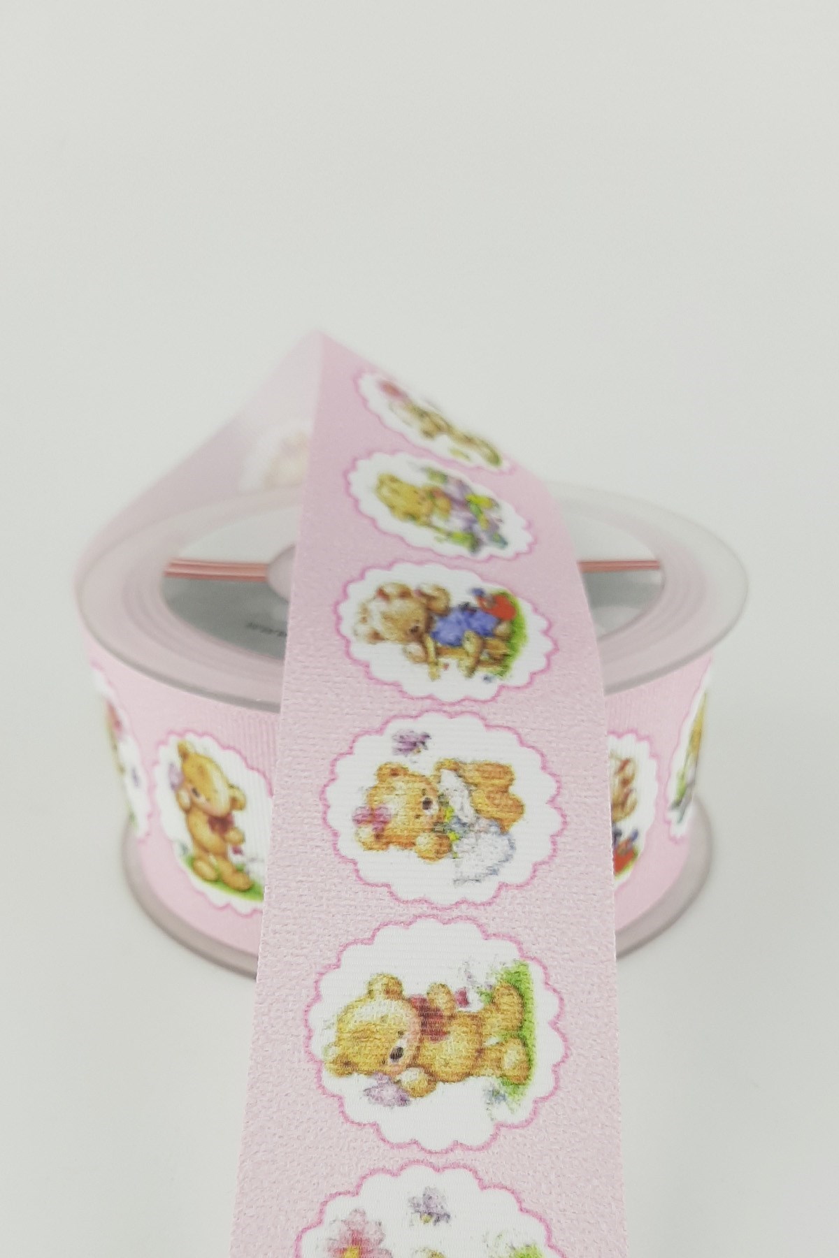 Pembe Ayıcık Desenli Grogren Kurdele 4 cm 20 mt