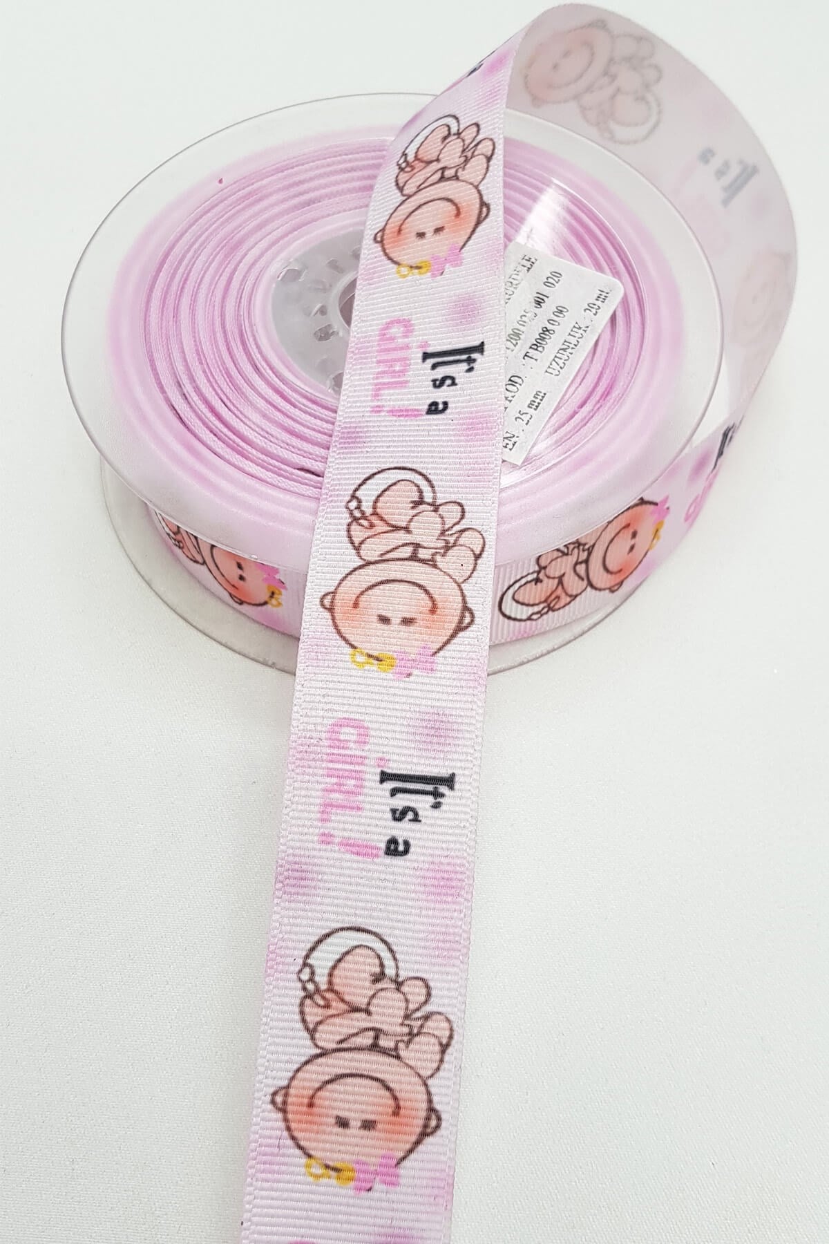Pembe Bebek Figürlü Baskılı Grogren Kurdele 2,5Cm