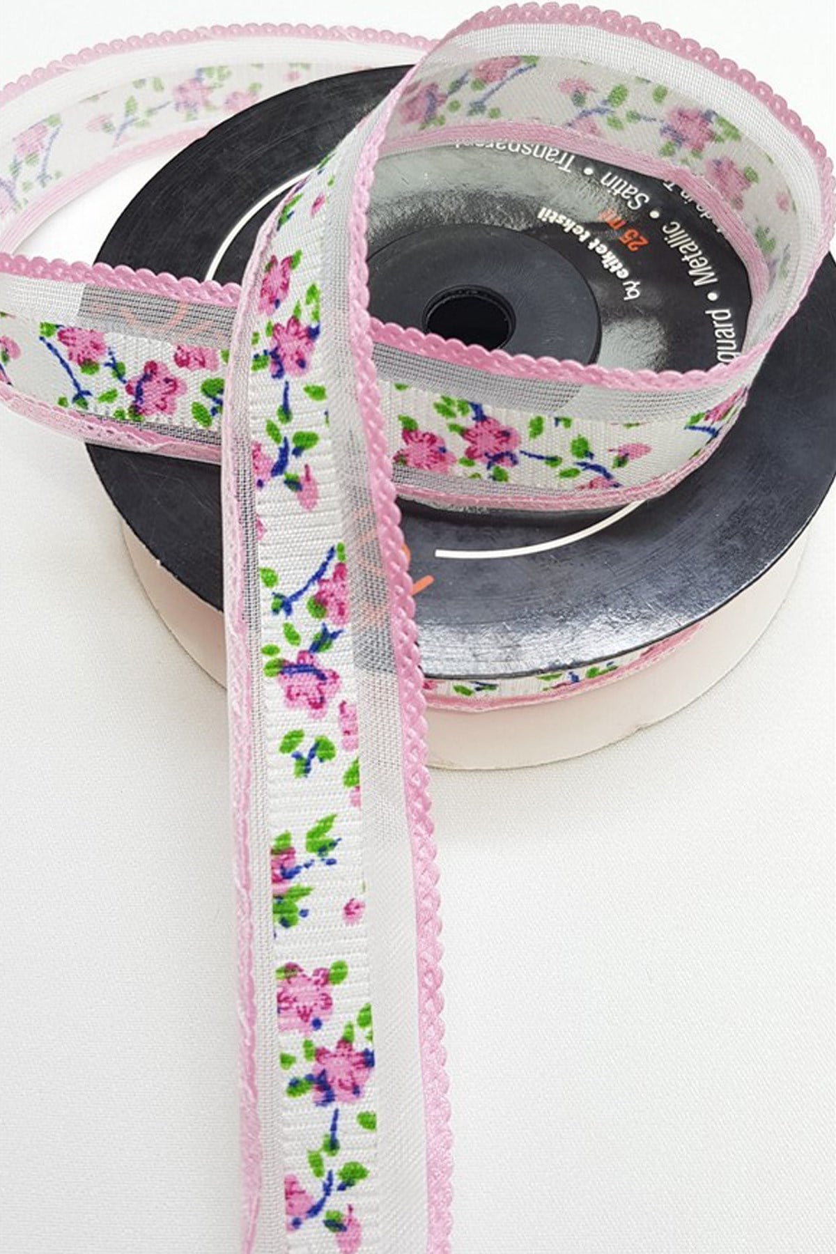Pembe Çiçek Baskılı Organze Kurdele