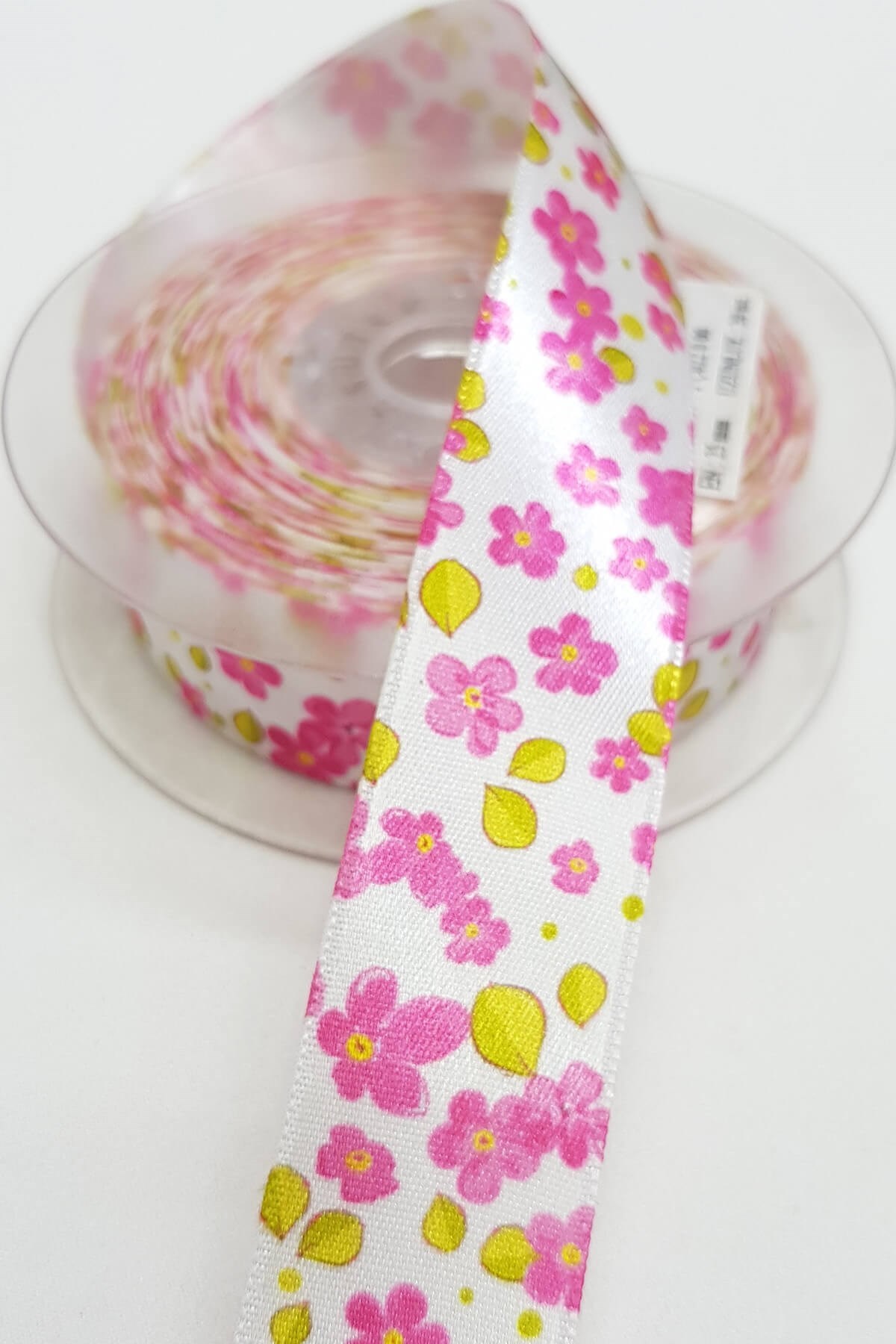 Pembe Çiçek Baskılı Saten Kurdele 2,5Cm