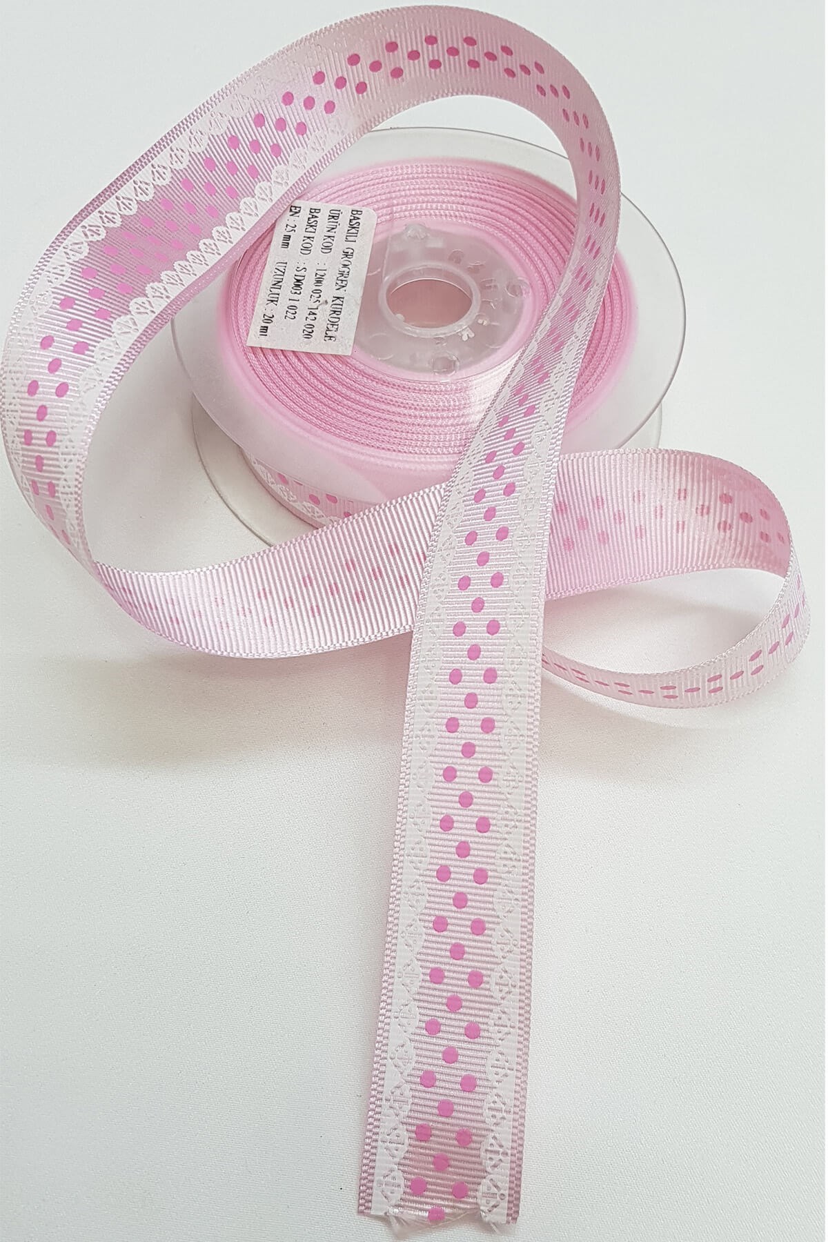 Pembe Dantel Puanlı Baskılı Grogren Kurdele 2,5Cm