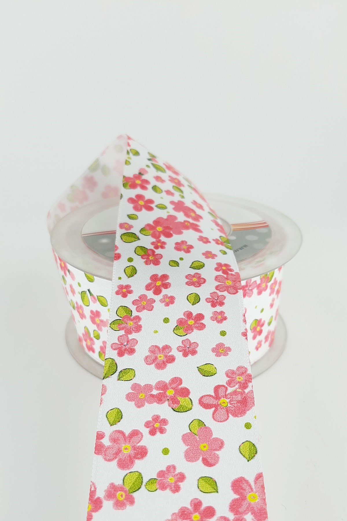 Pembe Gül Desenli Saten Kurdele 4 cm 20 mt