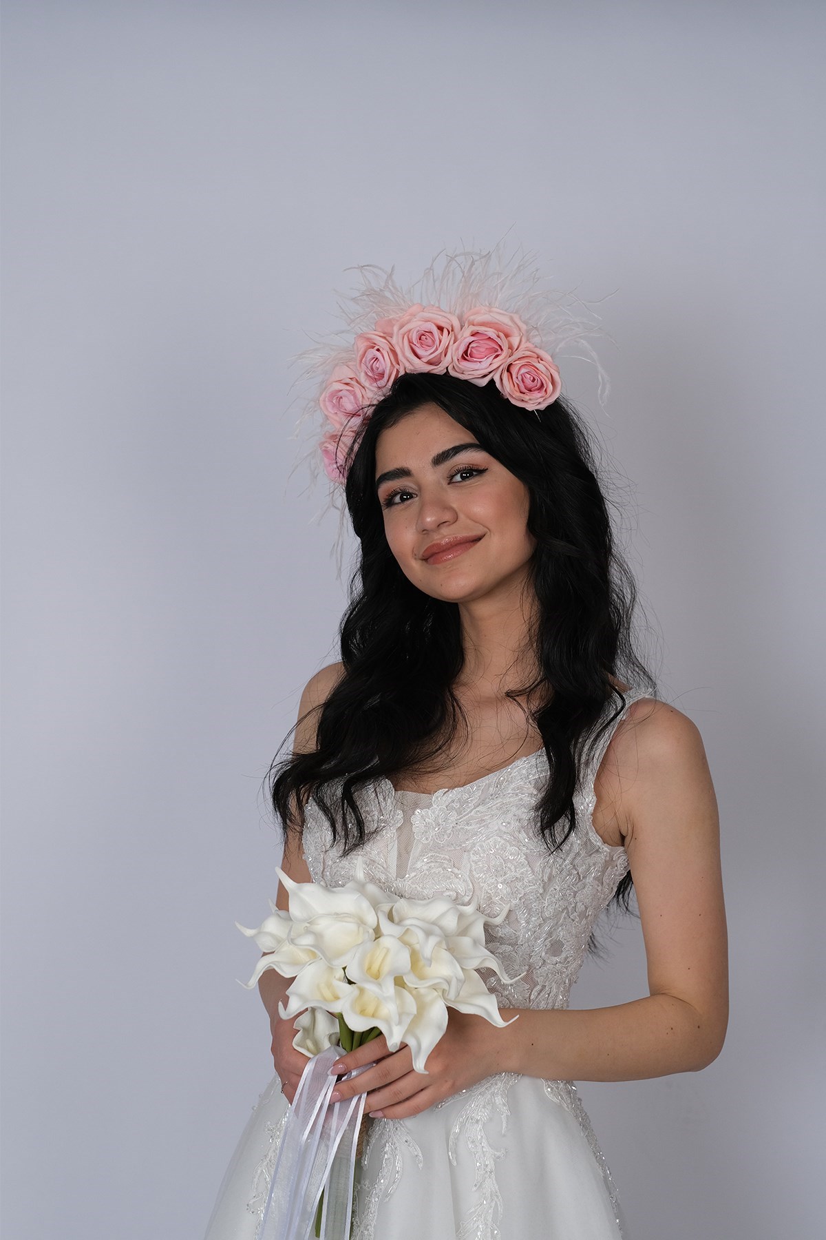 Pembe Kadife Güllü Tüylü Tasarım Gelin Kına Tacı