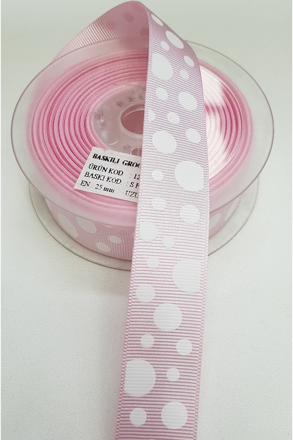 Pembe Puanlı Baskılı Grogren Kurdele 2,5Cm