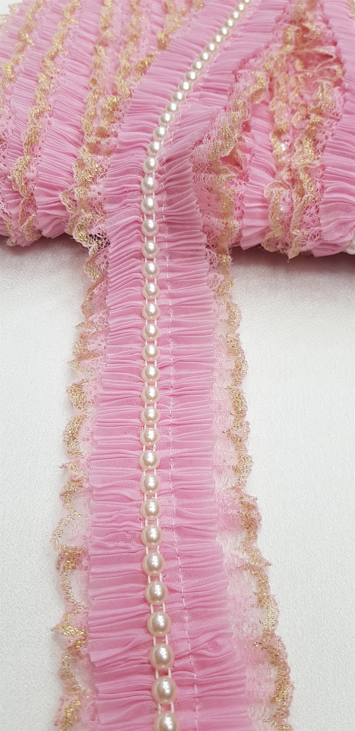 Pembe Renk İnci Dantelli Fırfır 3-4 cm