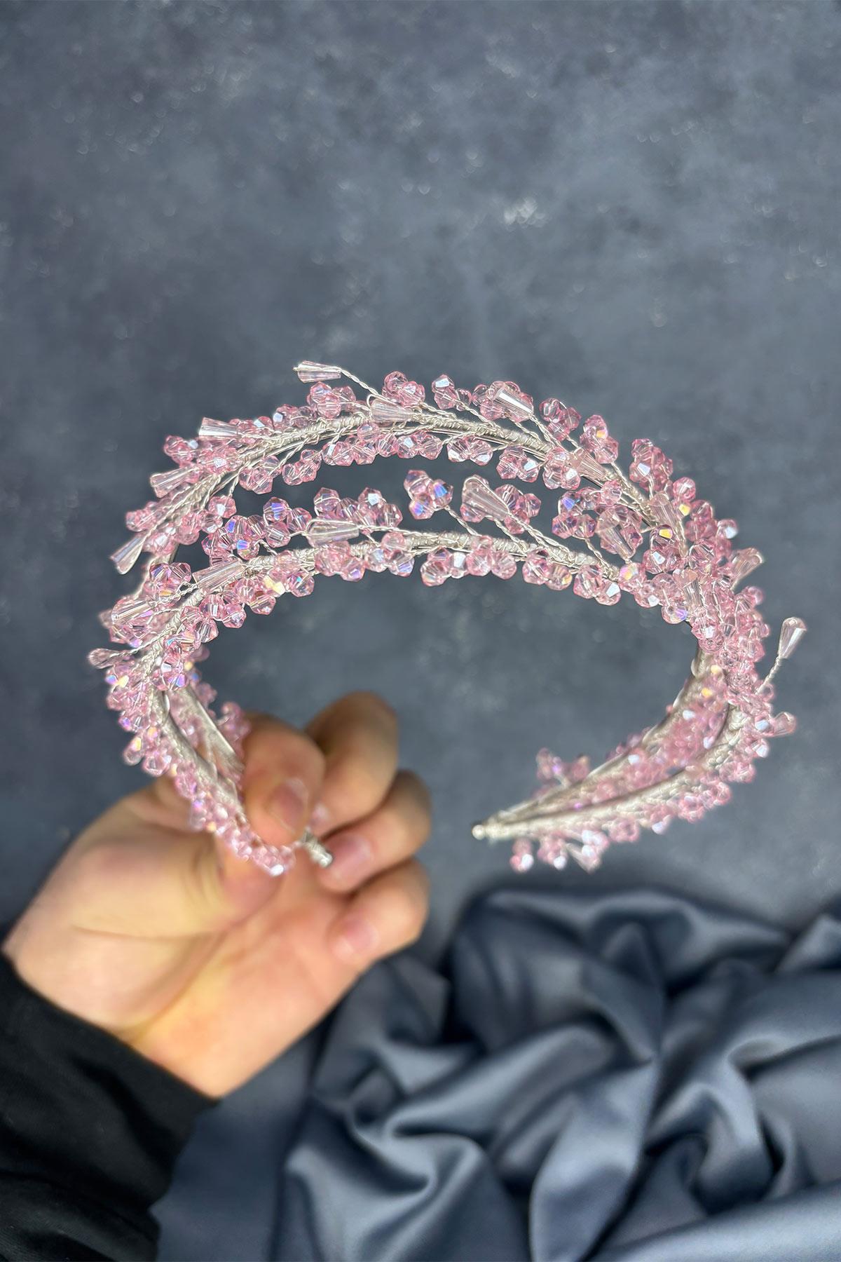 Pembe Sare Model Çift Sıra Gelin Kına Tacı Saç Aksesuarı