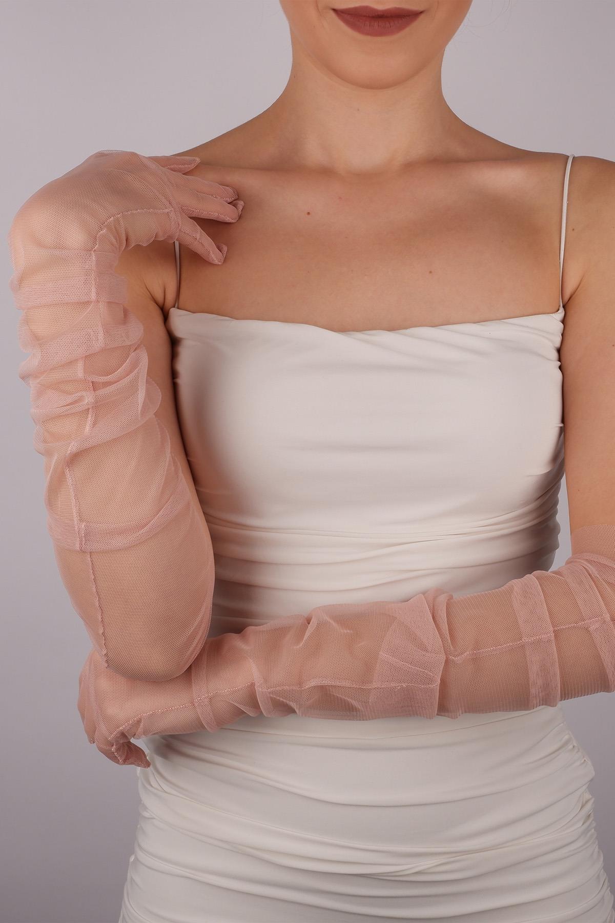 Pudra Uzun Şık Gelin Eldiveni Tül Eldiven Nikah/Düğün/Parti/Kostüm Eldiveni