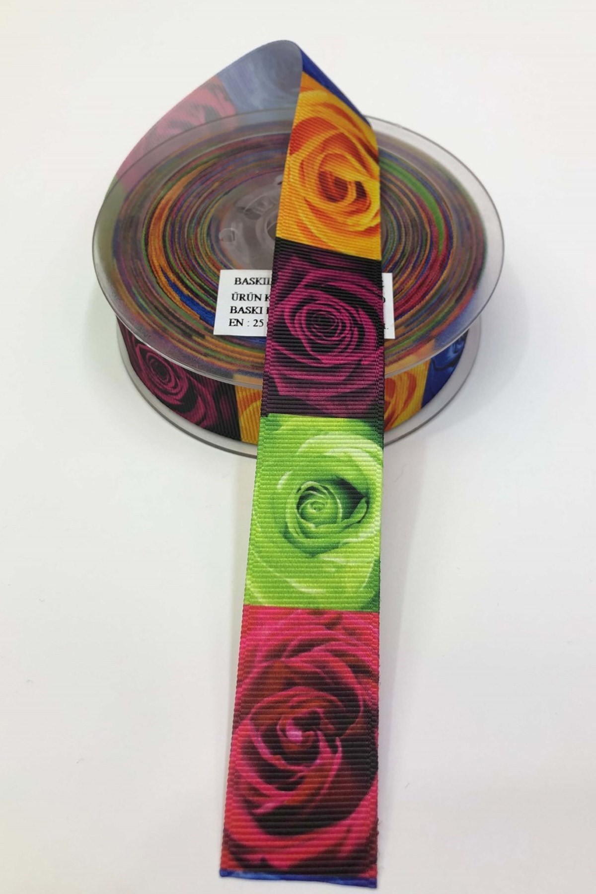 Renkli Gül Baskı Grogren Kurdele 2,5Cm