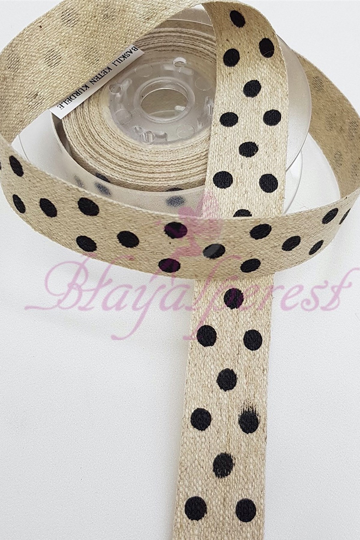 Siyah Puantiye Baskılı Keten Kurdele 1,5Cm