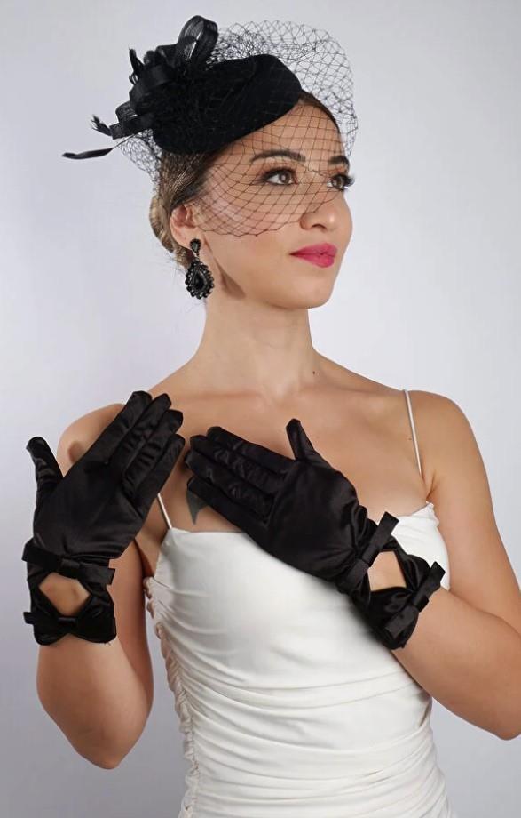 Siyah Saten Çift Fiyonklu Gelin Eldiveni Düğün Nikah Aksesuarı Fascinator Şapka Seti