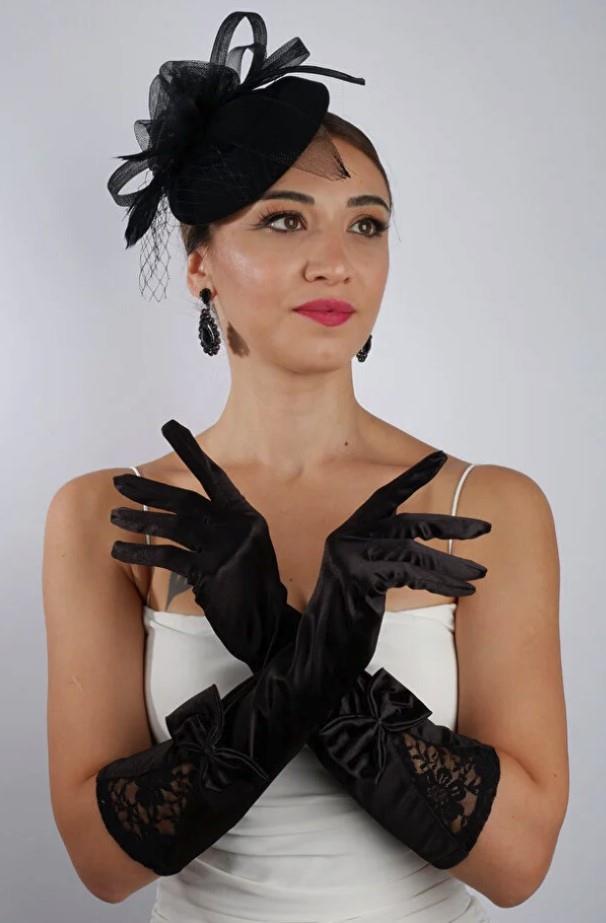Siyah Saten Fiyonklu Gelin Eldiveni Düğün Nikah Aksesuarı Fascinator Şapka Seti