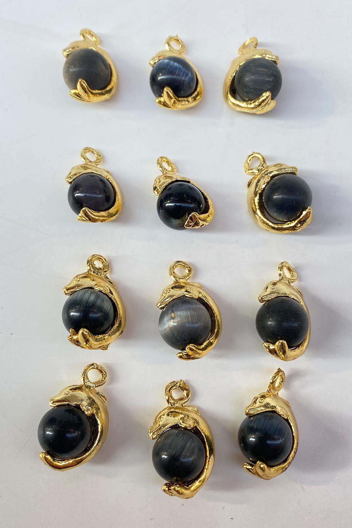 Siyah Yuvarlak Doğal Taşlı Gold Detaylı Kolye Ucu