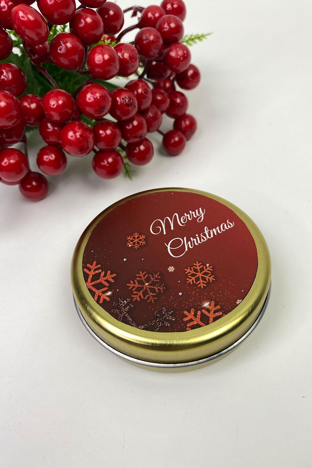 Teneke Kutu Gold Yuvarlak Kırmızı Merry Christmas Baskılı