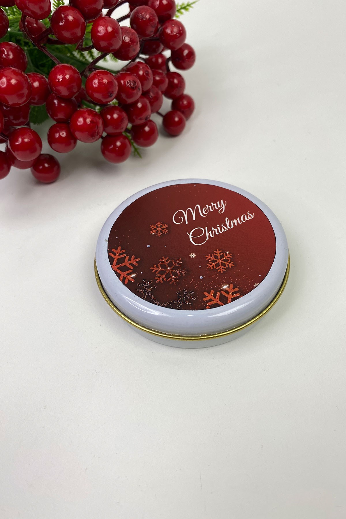 Teneke Kutu Yuvarlak Kırmızı Merry Christmas Baskılı 