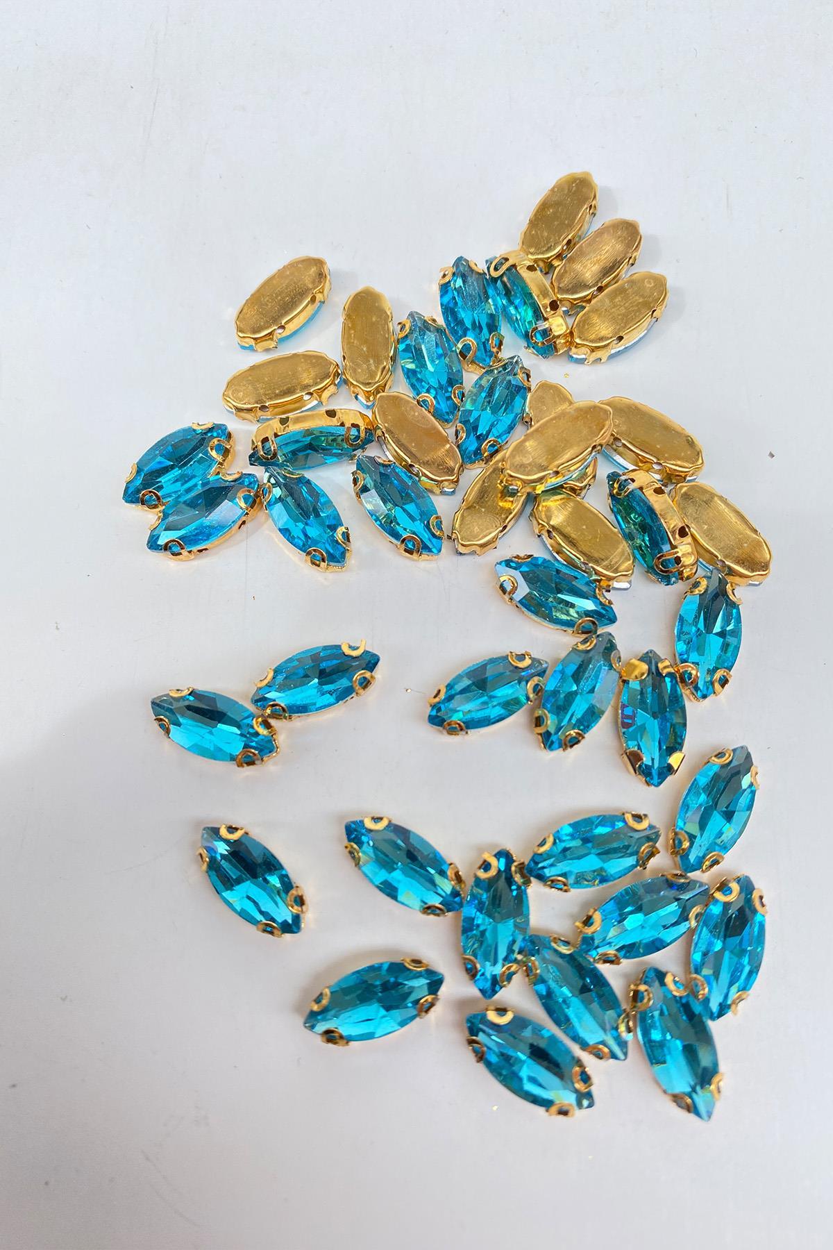 Turkuaz Gold Zeminli Dikme Parlak Cam Mekik Boncuk 10 Adet