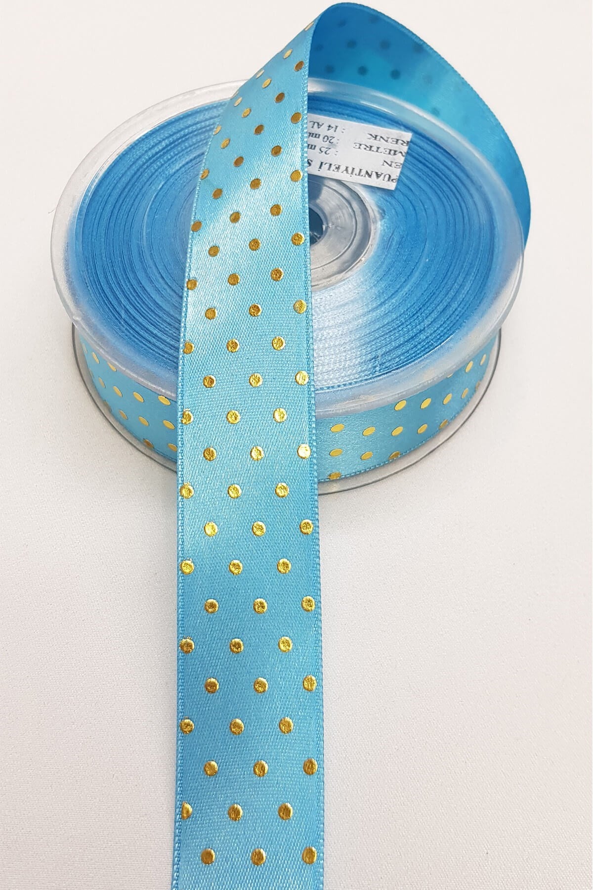 Turkuaz Puantiye Baskılı Saten Kurdele 2,5Cm