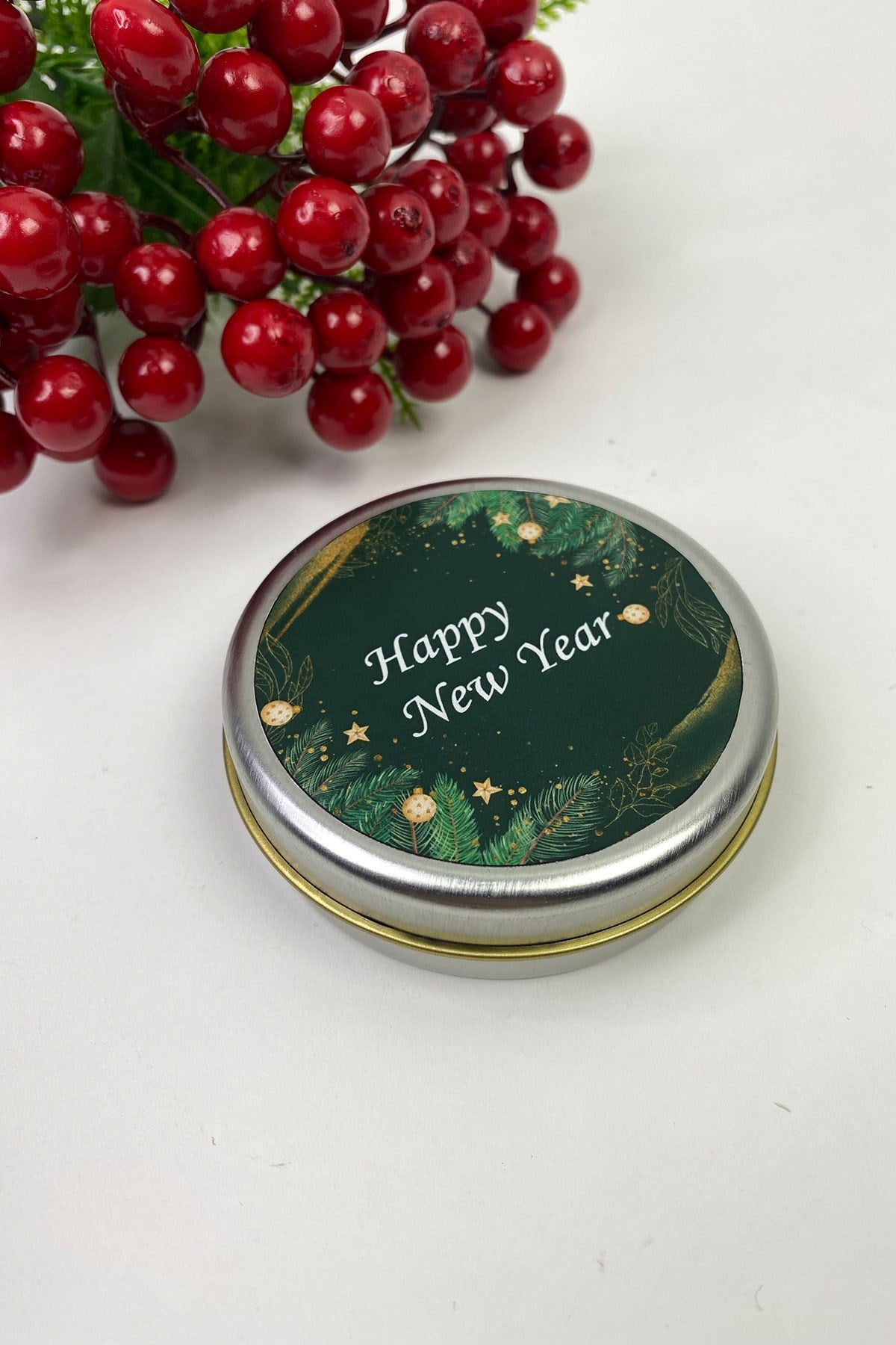 Yuvarlak Gümüş Teneke Kutu Yeşil Happy New Year Baskılı
