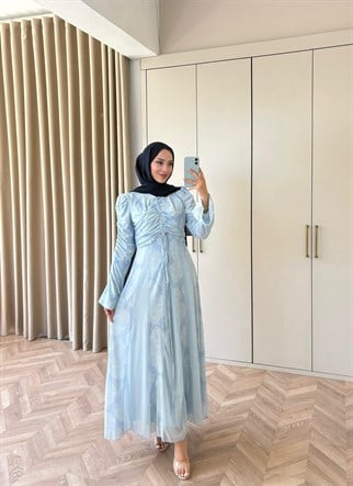 HR-1486H&R ButikAh - Ala Ön Büzgülü Elbise Bebe Mavi