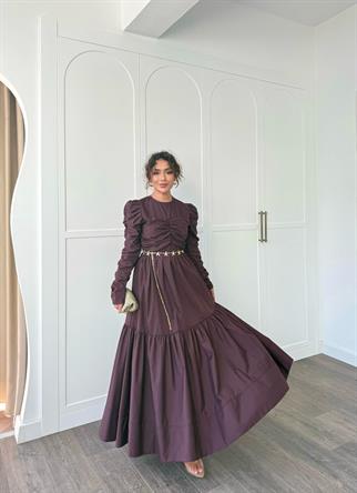 elbs-1648H&R ButikÇeşme Kol Büzgülü Elbise Bordo