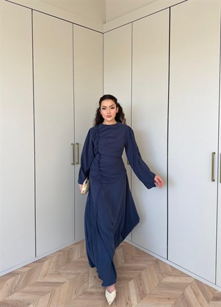 HR-0953H&R ButikCho- Danla Ön Büzgülü Elbise İndigo