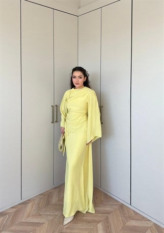 HR-0953H&R ButikCho- Danla Ön Büzgülü Elbise Sarı
