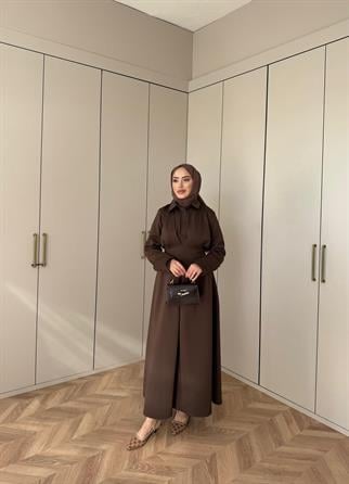 ELBS-012H&R ButikDüğme Detaylı Scuba Elbise Kahve