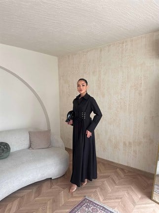 HR-0840H&R ButikDuq- Fida Örgü Detaylı Elbise Siyah