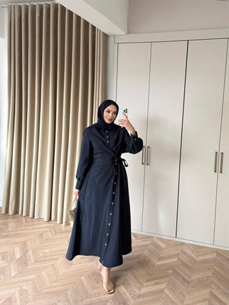 HR-0399H&R ButikDuq- Kezla Düğmeli Elbise Lacivert