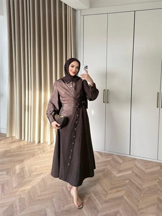 HR-0399H&R ButikDuq- Kezla Düğmeli Elbise Acı Kahve