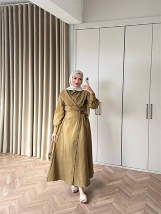 HR-0399H&R ButikDuq- Kezla Düğmeli Elbise Yağ Yeşili