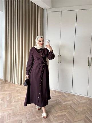 HR-0399H&R ButikDuq- Kezla Düğmeli Elbise Mürdüm