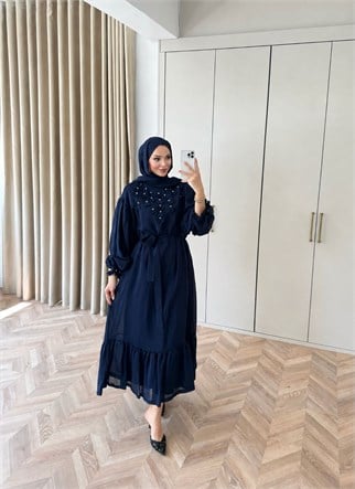 HR-2871H&R ButikFuş- Tila Çiçekli Elbise Lacivert