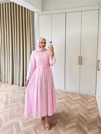 HR-1303H&R ButikHen- Belami Çizgi Detaylı Modal Elbise Pembe