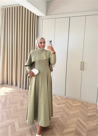 HR-2907H&R ButikHew- Lia Pelerin Detaylı Abiye Elbise Haki