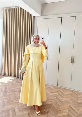 HR-2907H&R ButikHew- Lia Pelerin Detaylı Abiye Elbise Sarı