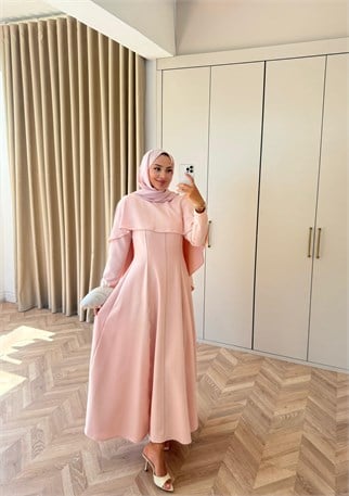 HR-2907H&R ButikHew- Lia Pelerin Detaylı Abiye Elbise Pudra