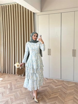 HR-0525H&R ButikHew- Newesa Çiçekli Elbise Turkuaz