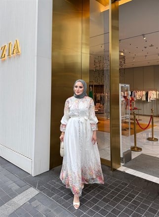 HR-1098H&R ButikHew- Qala Çiçekli Elbise Beyaz