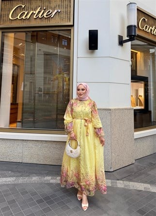 HR-1098H&R ButikHew- Qala Çiçekli Elbise Sarı