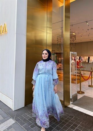 HR-1098H&R ButikHew- Qala Çiçekli Elbise Mavi