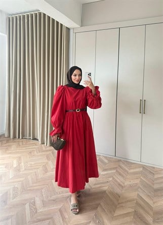 HR-1539H&R ButikHot- Gilara Kolları Lastikli Elbise Kırmızı