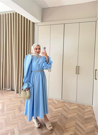 HR-1539H&R ButikHot- Gilara Kolları Lastikli Elbise Bebe Mavi
